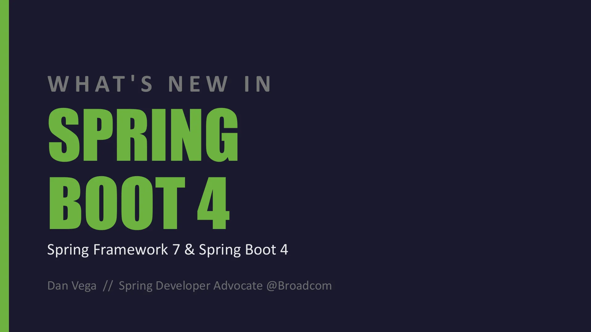 Slide 1: W H AT ' S N E W I N SPRING BOOT 4 Spring Framework 7 & Spring Boot 4 Dan Vega // Spring Developer Advocate @Broadcom
